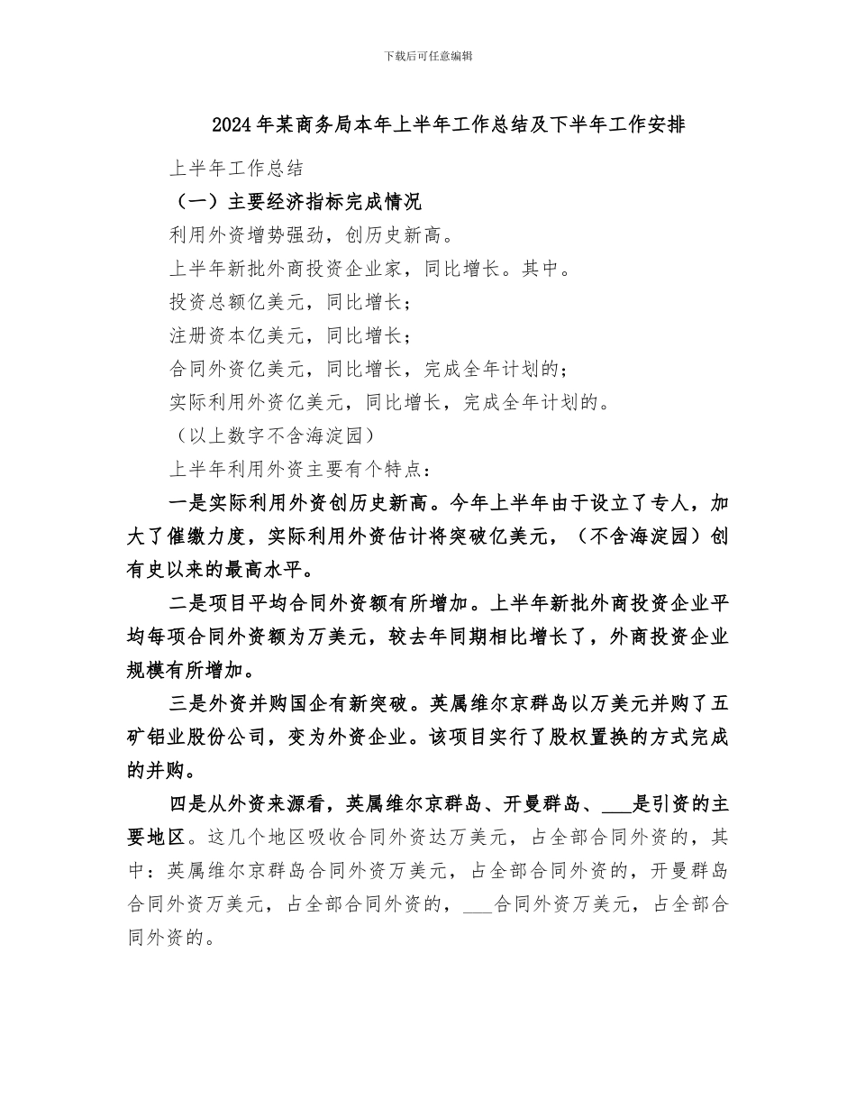 2024年某商务局本年上半年工作总结及下半年工作安排_第1页