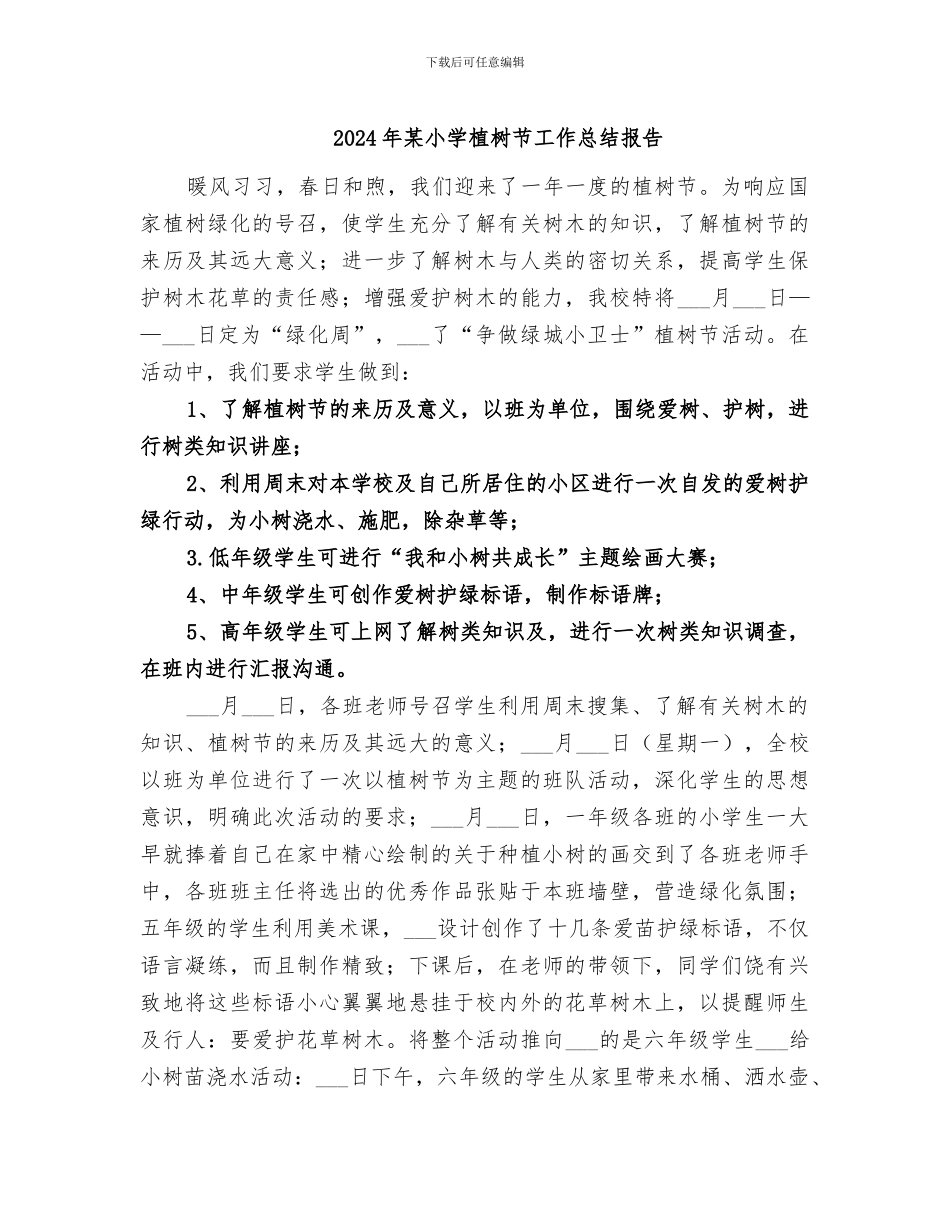 2024年某小学植树节工作总结报告_第1页