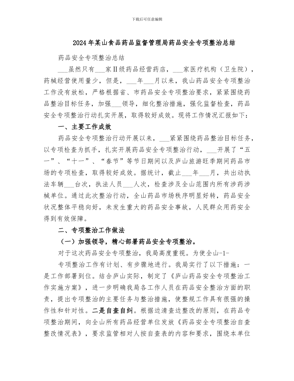 2024年某山食品药品监督管理局药品安全专项整治总结_第1页