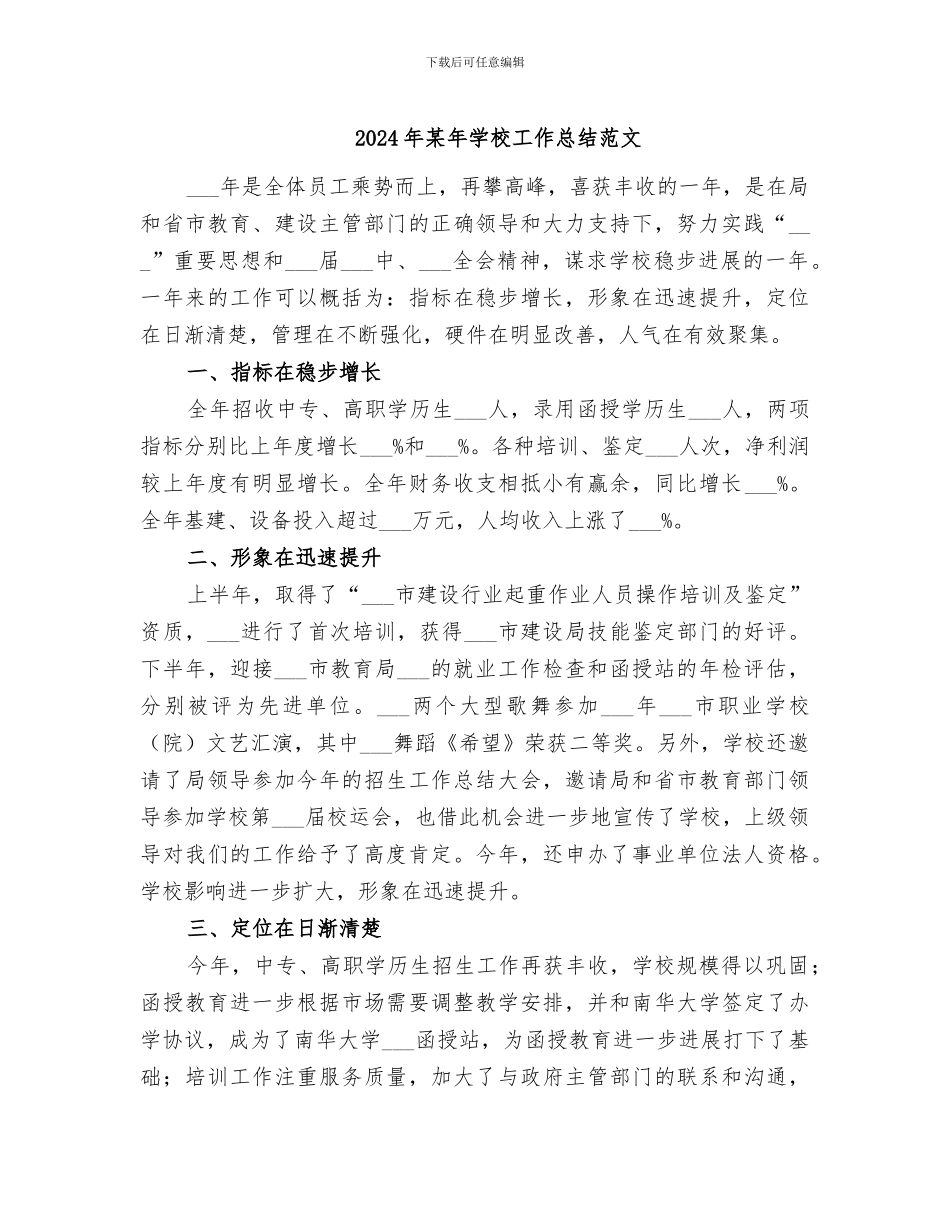 2024年某年学校工作总结范文_第1页