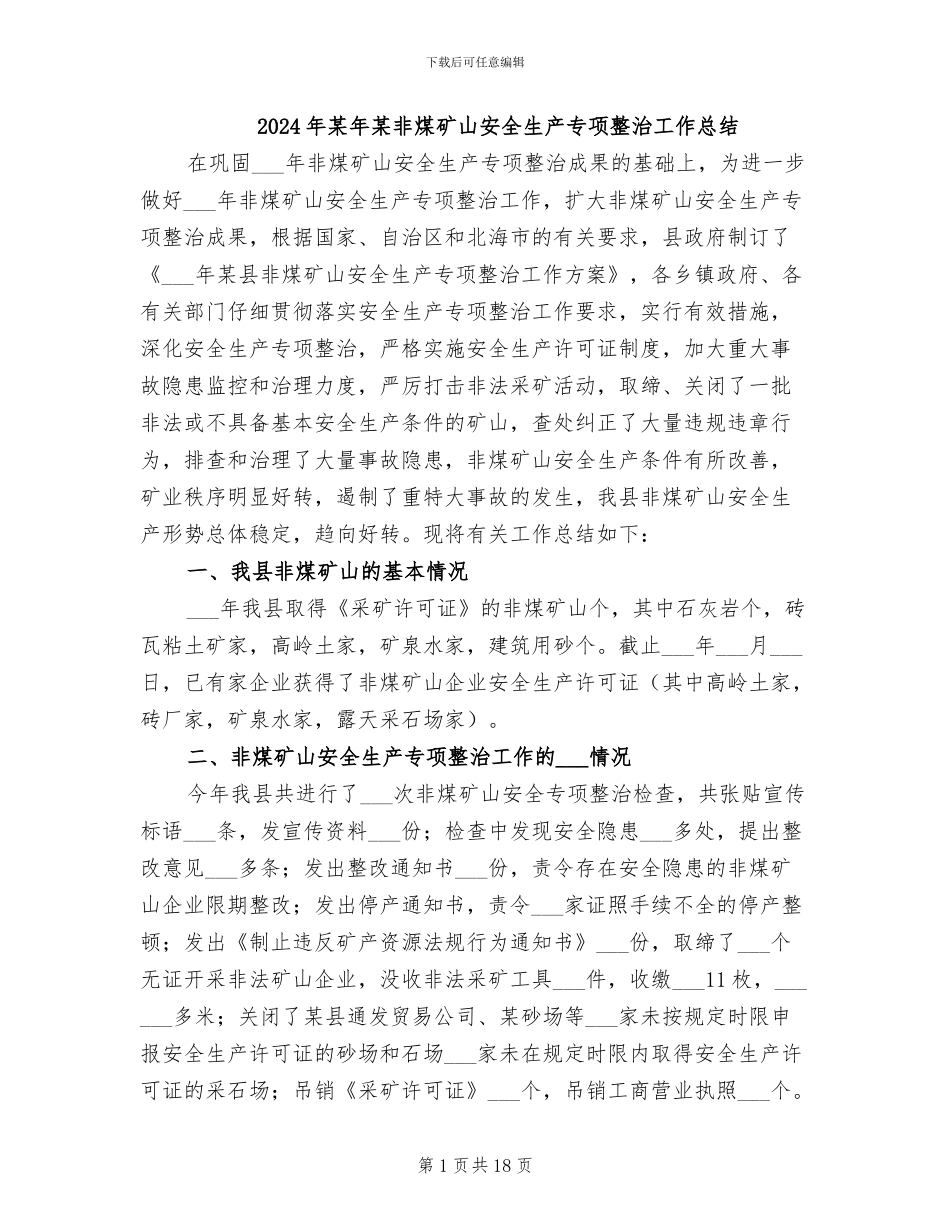 2024年某年某非煤矿山安全生产专项整治工作总结_第1页