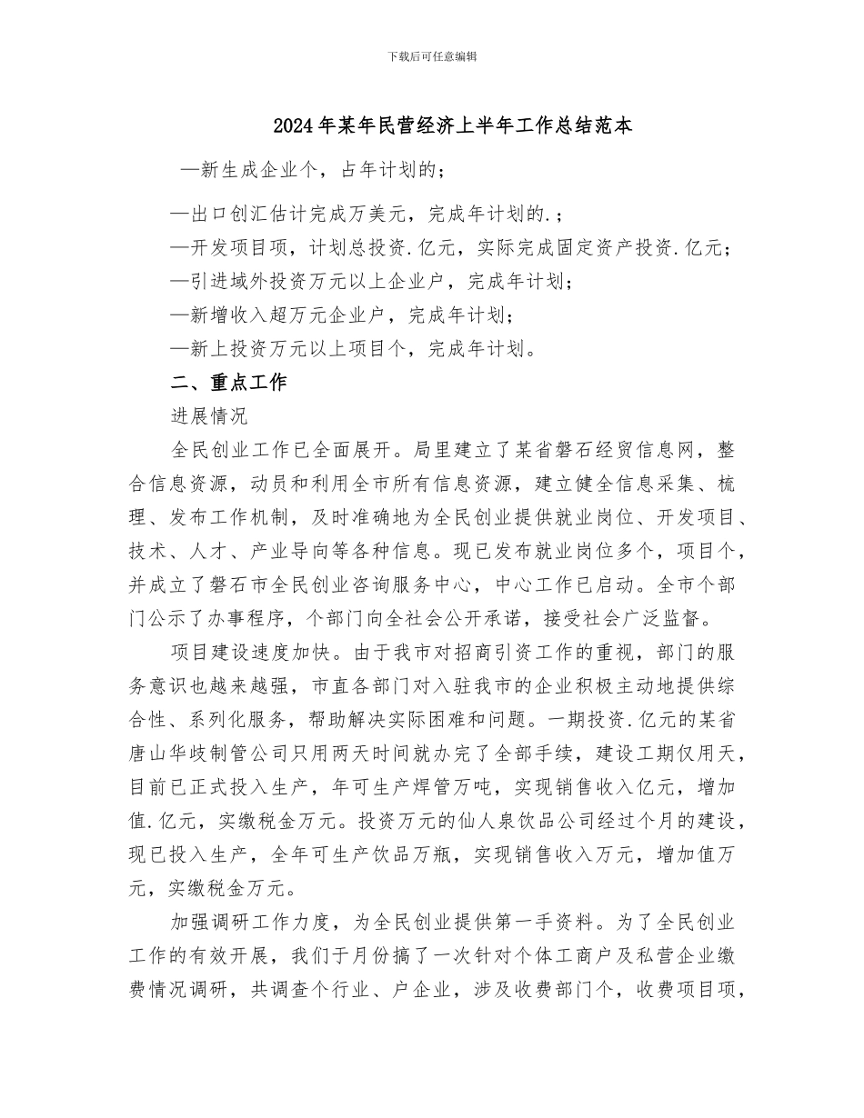 2024年某年民营经济上半年工作总结范本_第1页