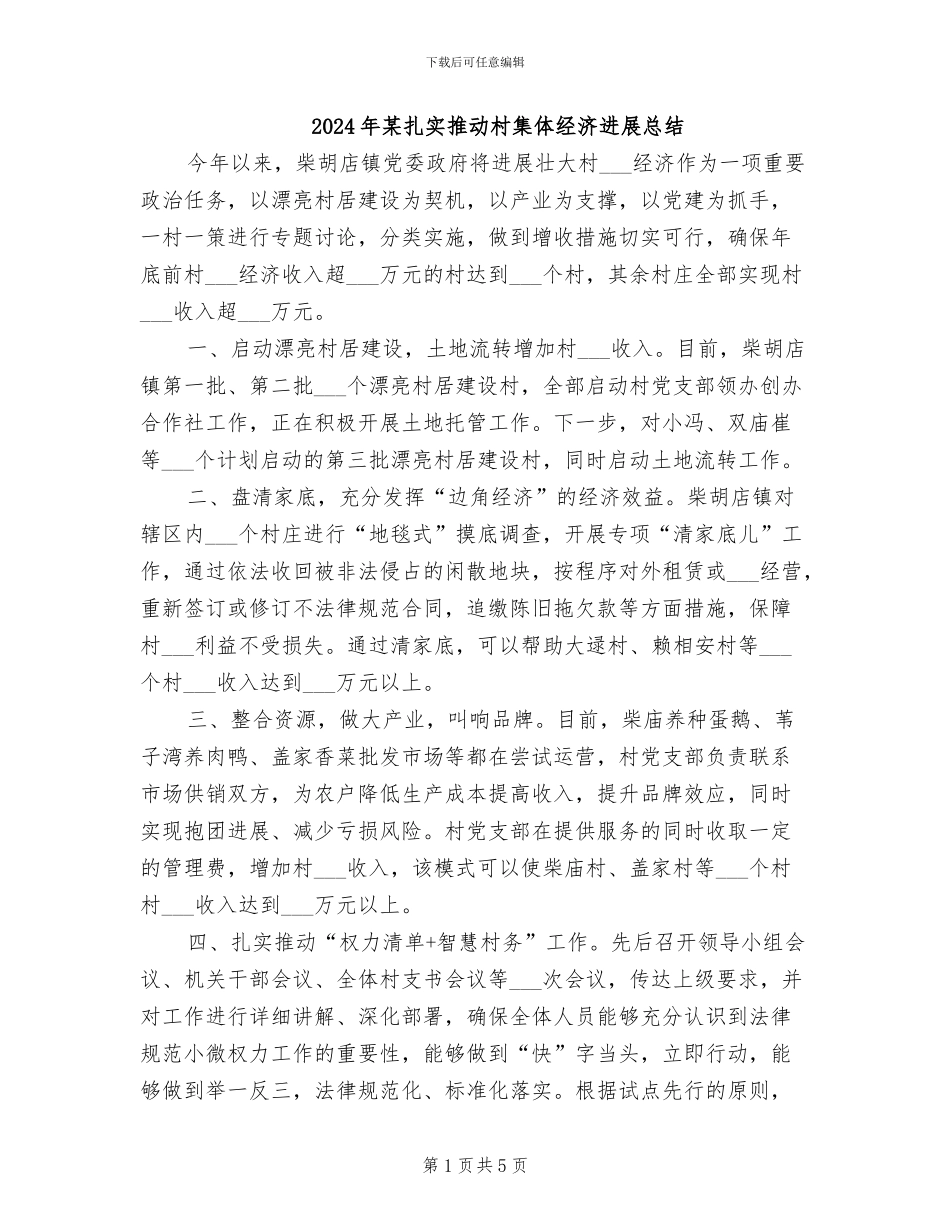 2024年某扎实推进村集体经济发展总结_第1页