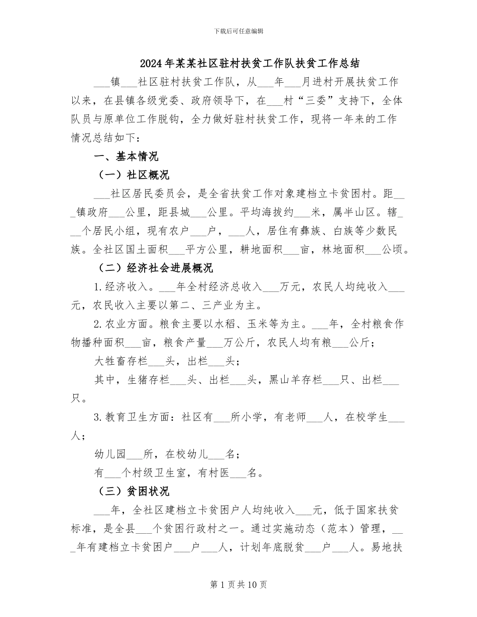 2024年某某社区驻村扶贫工作队扶贫工作总结_第1页