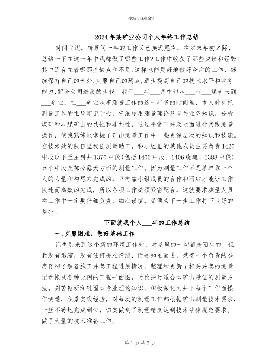 2024年某矿业公司个人年终工作总结_第1页