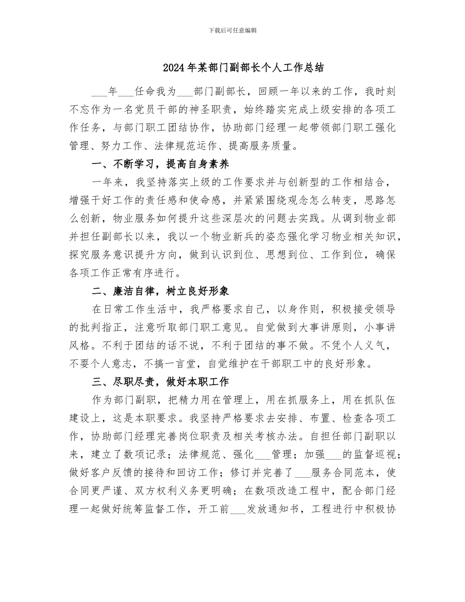 2024年某部门副部长个人工作总结_第1页