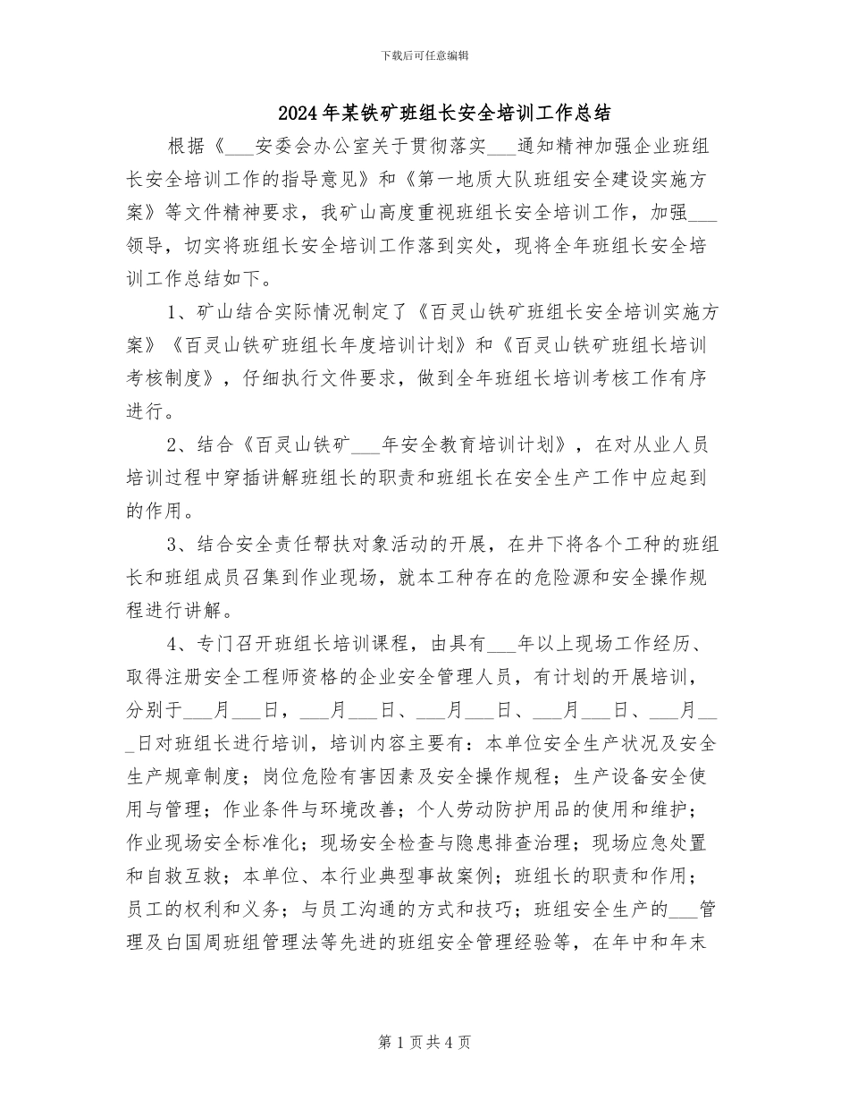 2024年某铁矿班组长安全培训工作总结_第1页