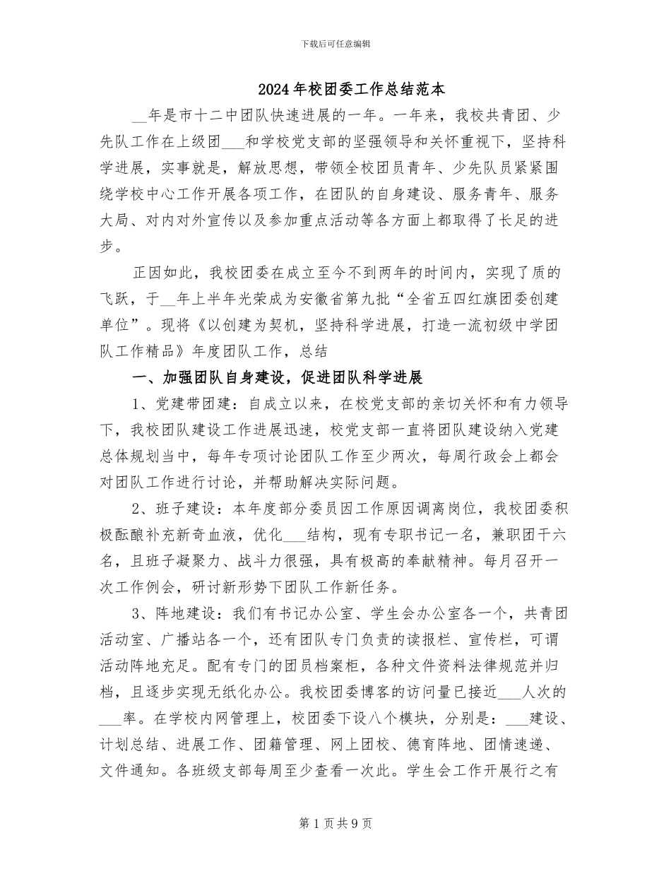 2024年校团委工作总结范本_第1页