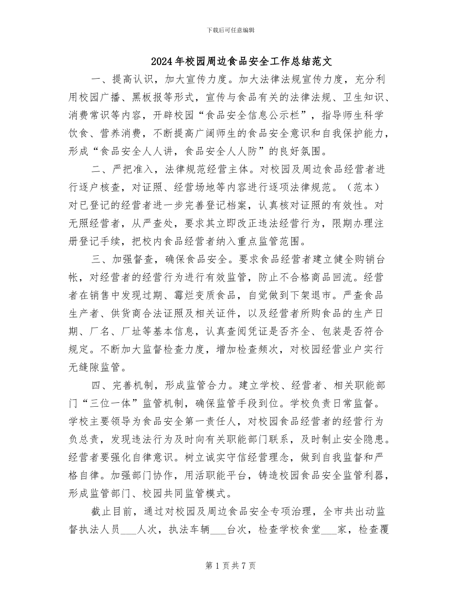 2024年校园周边食品安全工作总结范文_第1页