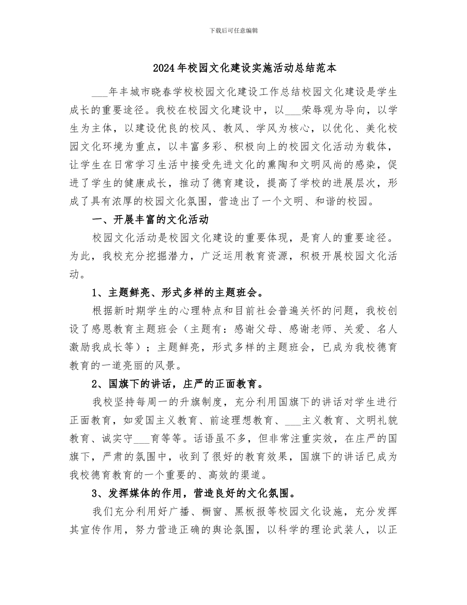 2024年校园文化建设实施活动总结范本_第1页