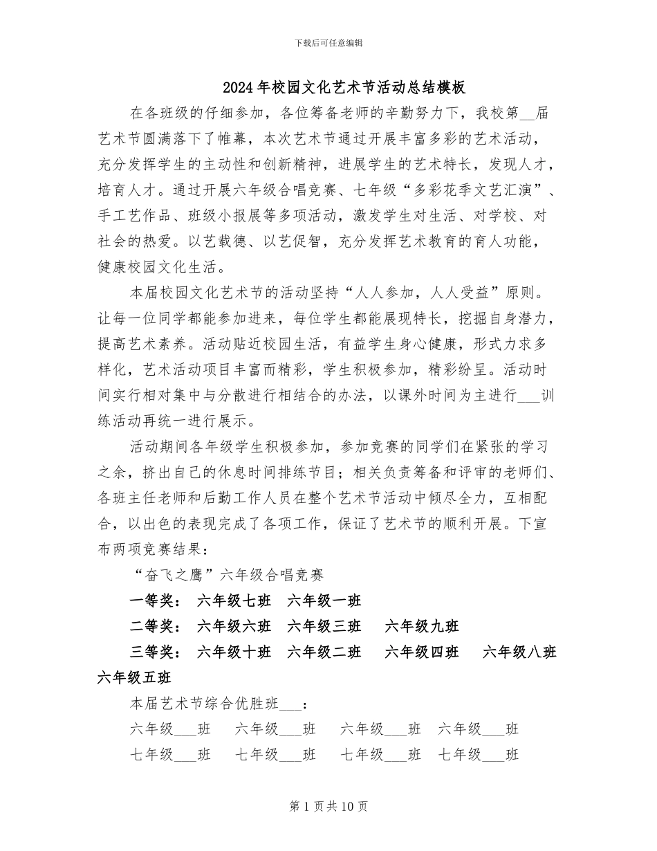 2024年校园文化艺术节活动总结模板_第1页