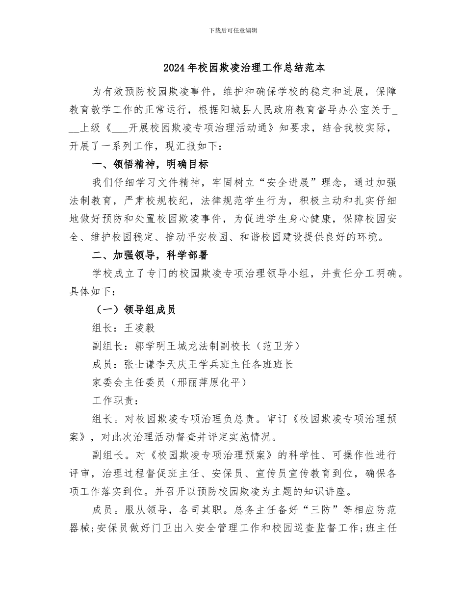 2024年校园欺凌治理工作总结范本_第1页