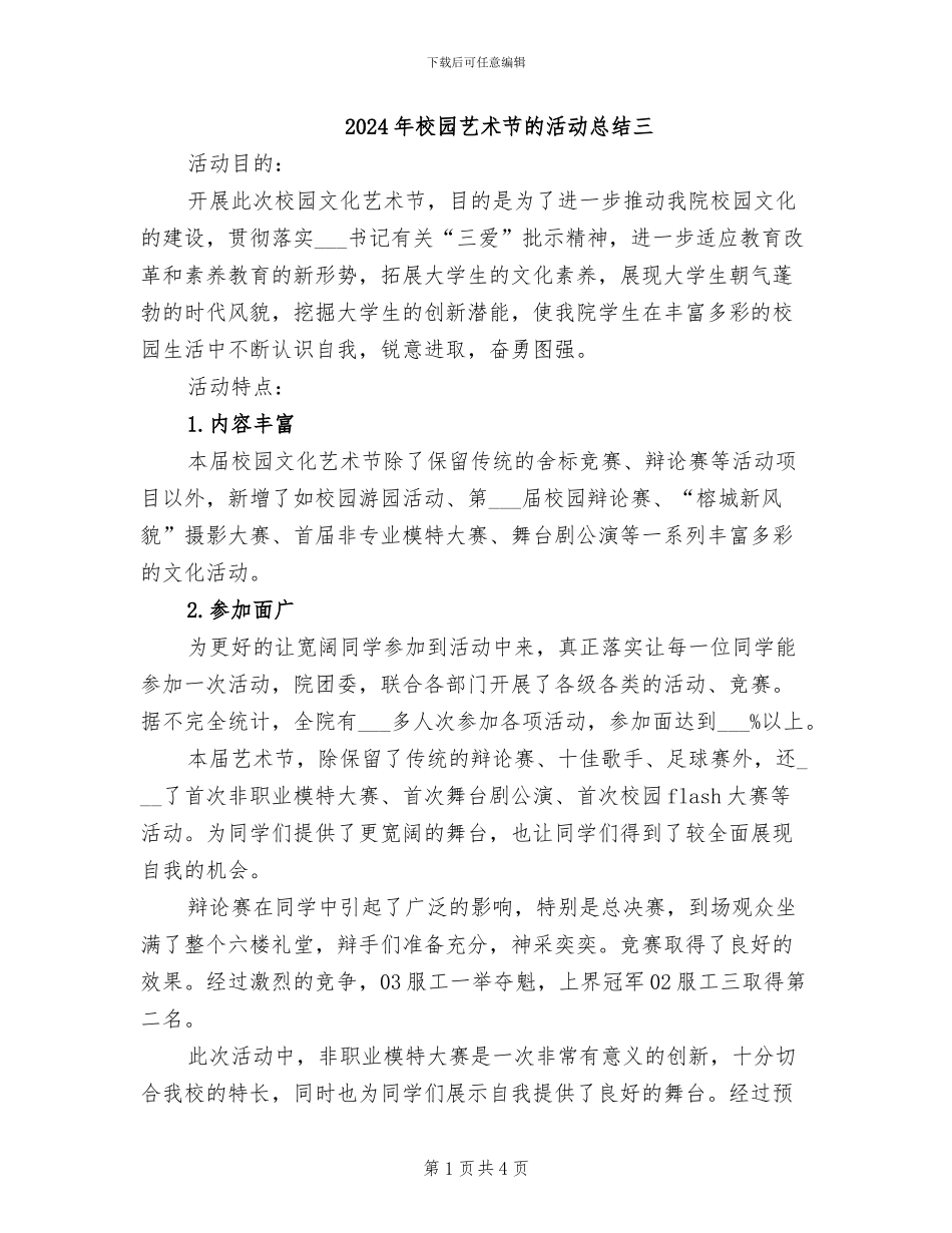 2024年校园艺术节的活动总结三_第1页