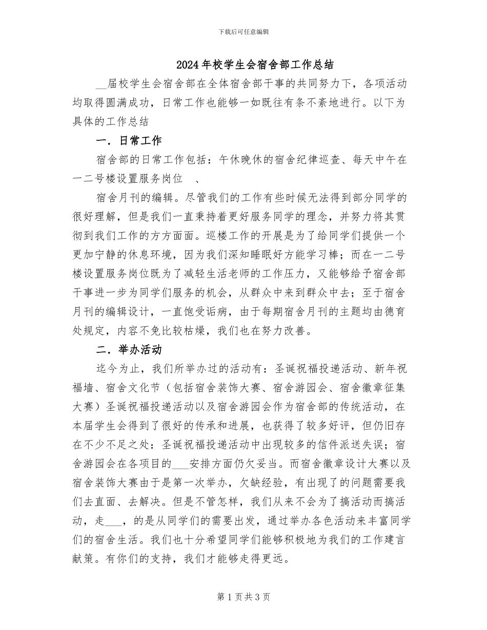 2024年校学生会宿舍部工作总结_第1页