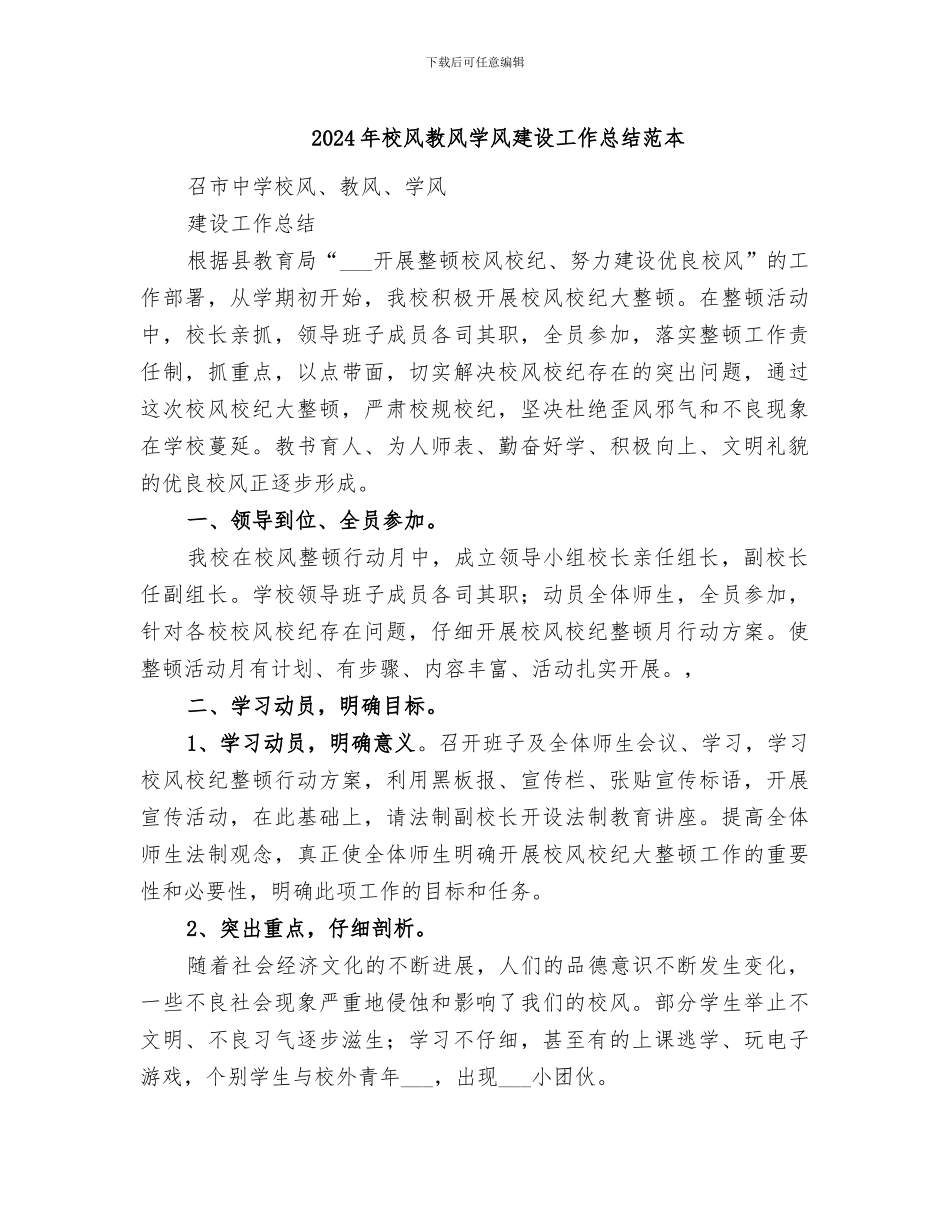 2024年校风教风学风建设工作总结范本_第1页