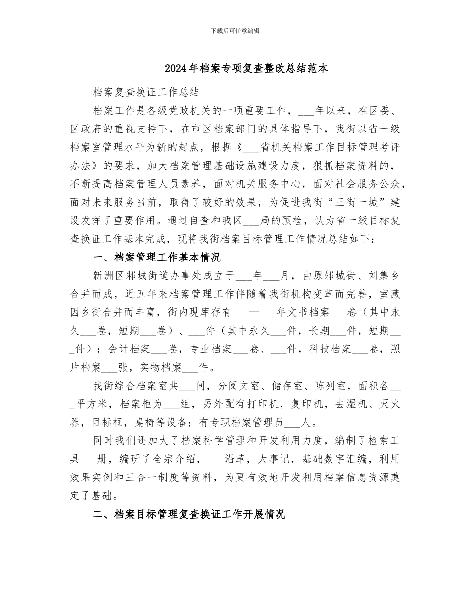 2024年档案专项复查整改总结范本_第1页