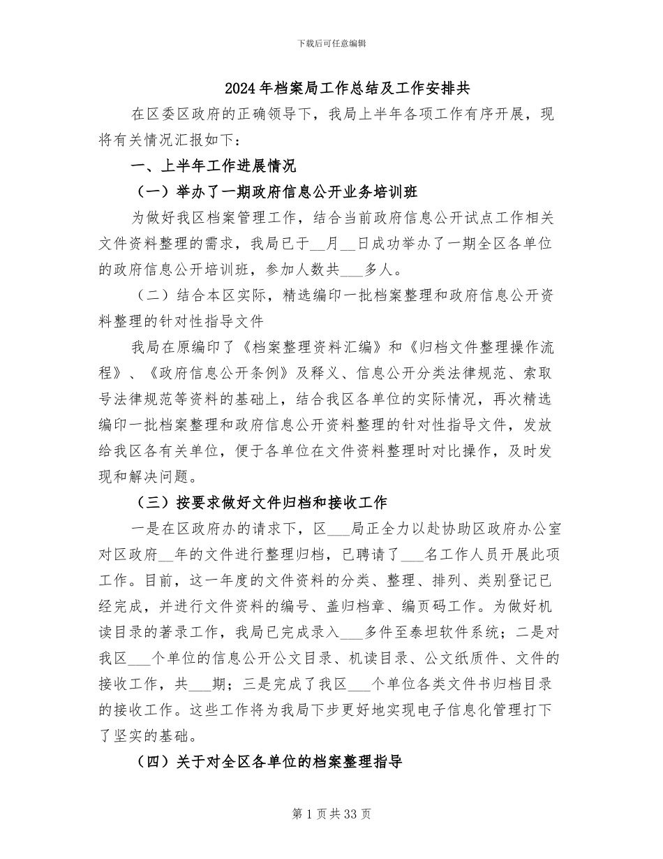 2024年档案局工作总结及工作安排共_第1页