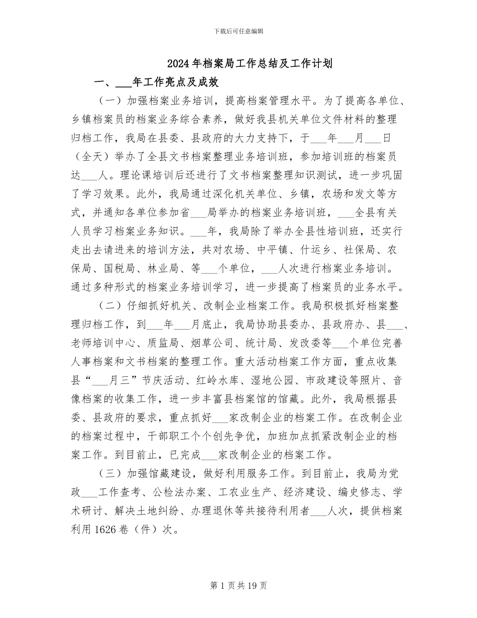 2024年档案局工作总结及工作计划_第1页