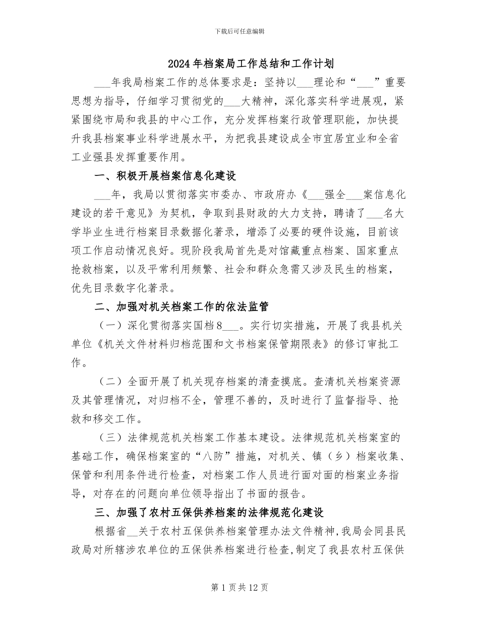 2024年档案局工作总结和工作计划_第1页