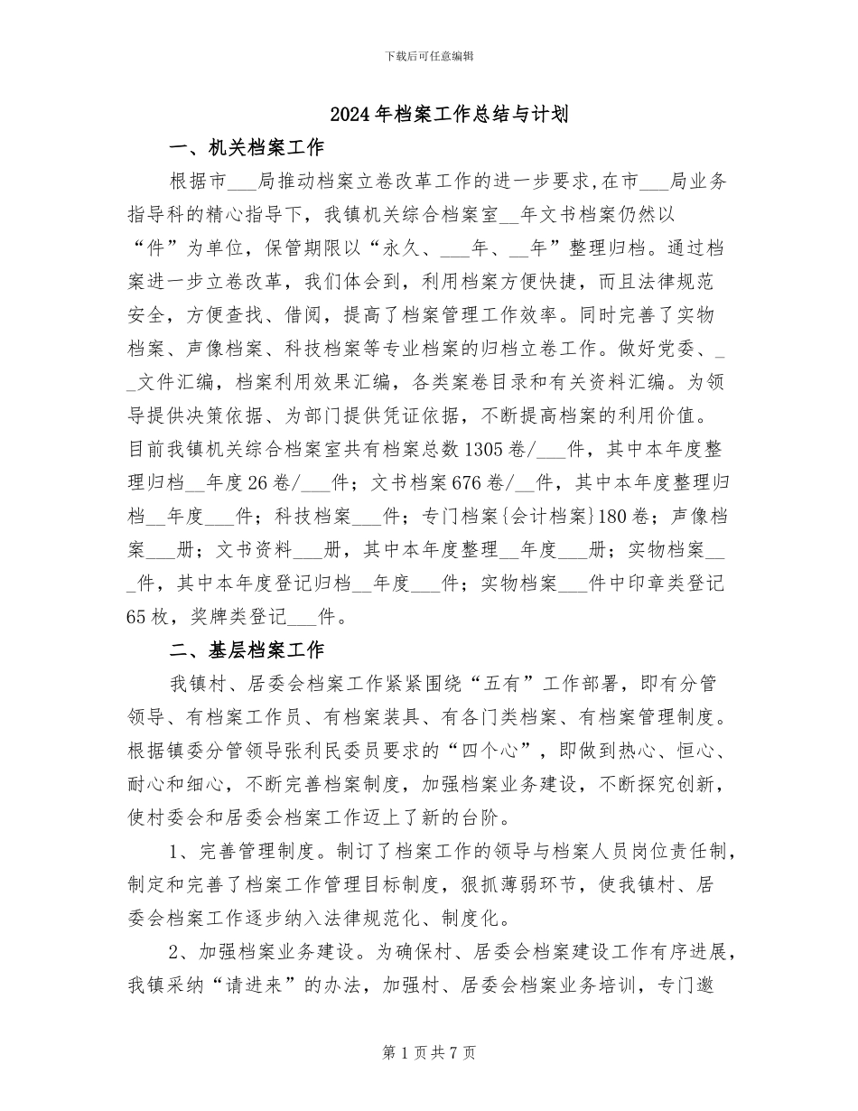 2024年档案工作总结与计划_第1页
