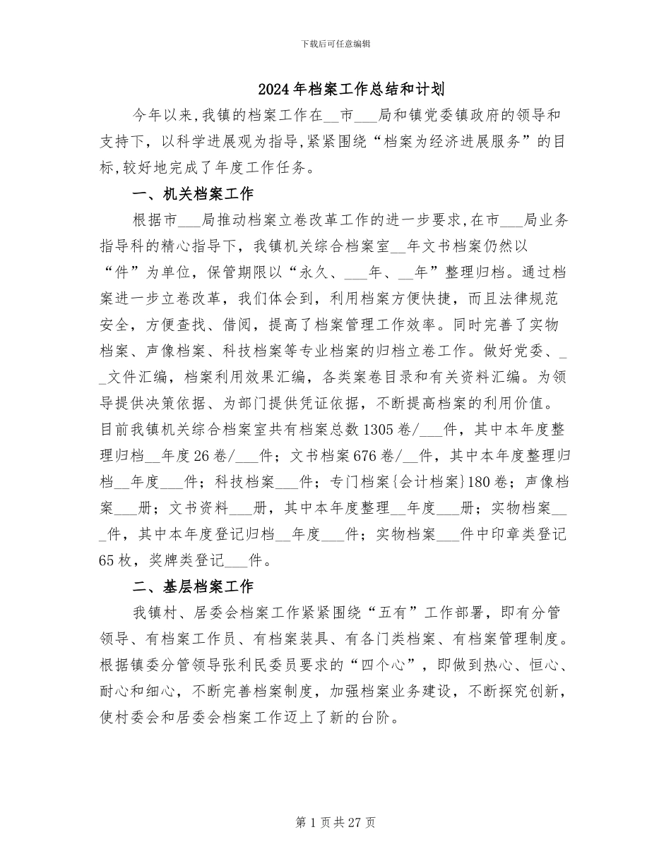 2024年档案工作总结和计划_第1页
