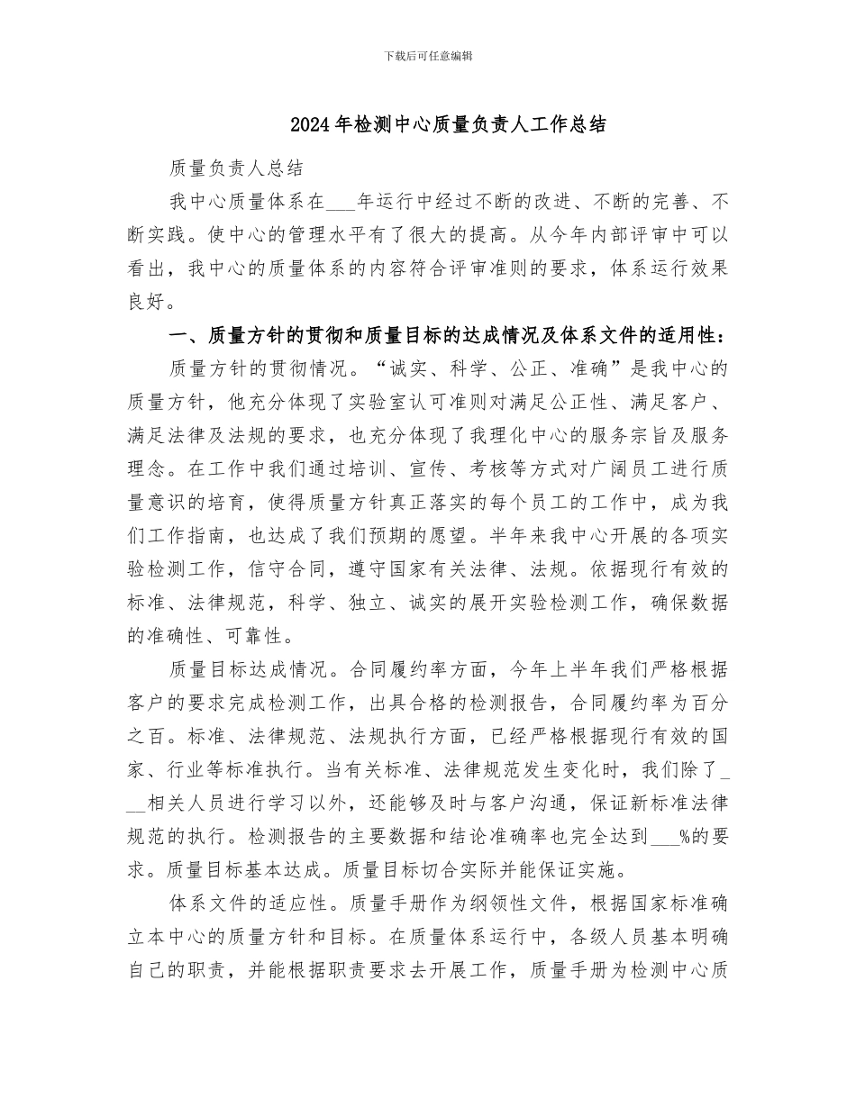2024年检测中心质量负责人工作总结_第1页