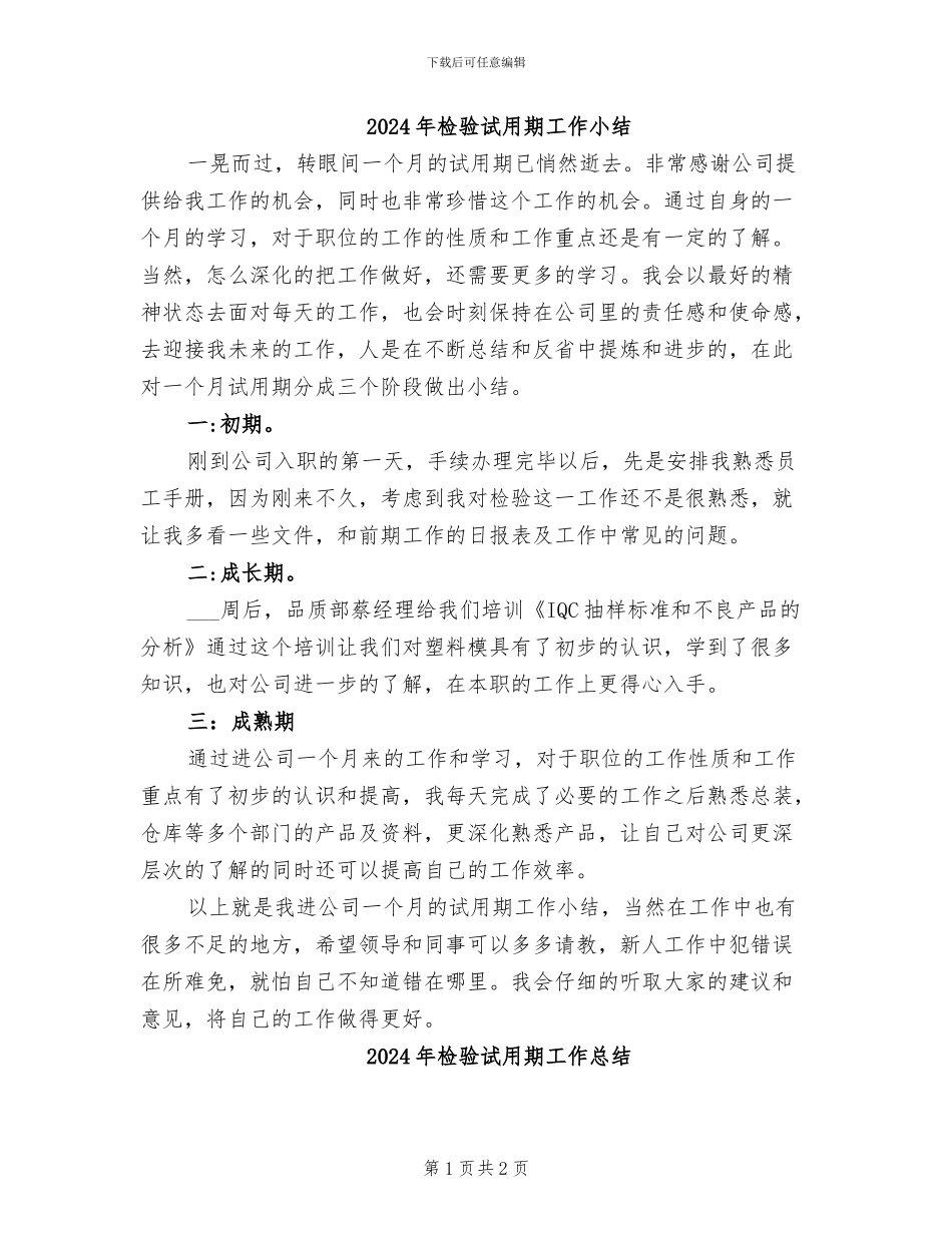 2024年检验试用期工作小结_第1页