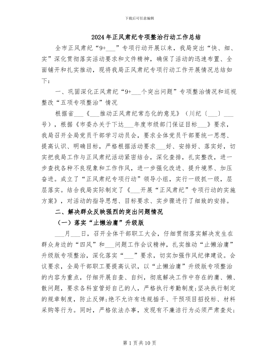 2024年正风肃纪专项整治行动工作总结_第1页