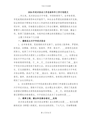 2024年武术协会工作总结和年工作计划范文