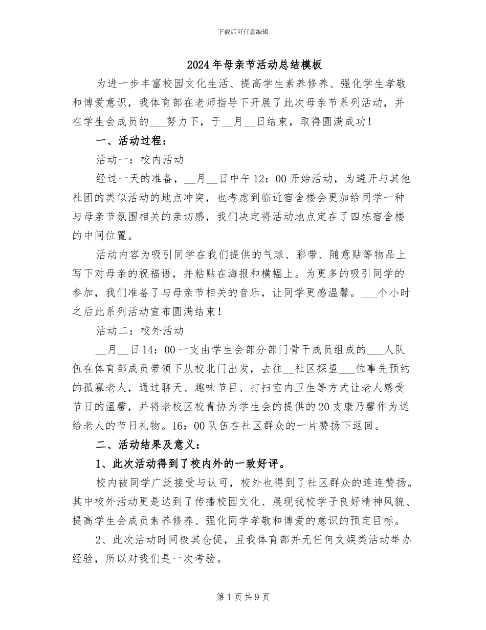 2024年母亲节活动总结模板_第1页