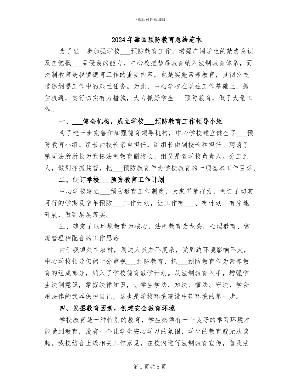 2024年毒品预防教育总结范本_第1页