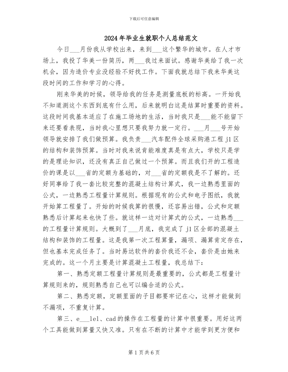 2024年毕业生就职个人总结范文_第1页