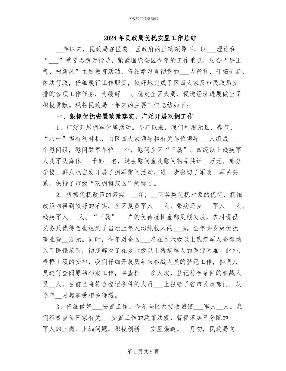 2024年民政局优抚安置工作总结_第1页