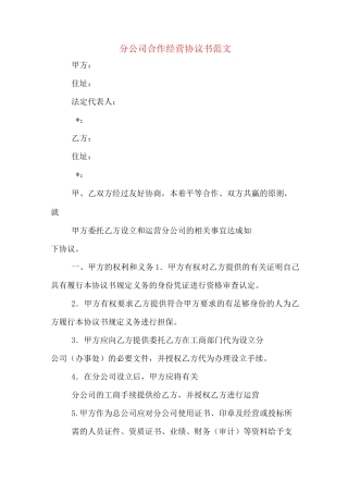 分公司合作经营协议书范文