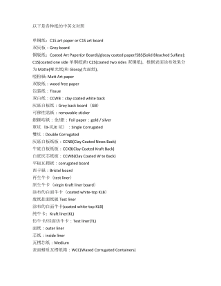 各种纸类中英对照