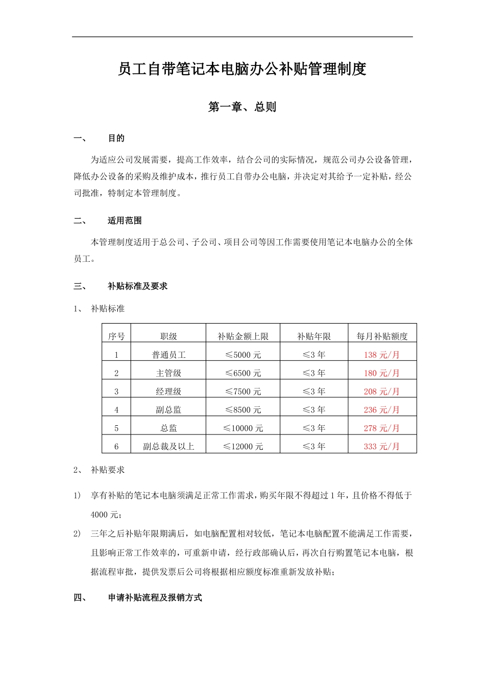 员工自带笔记本电脑办公补贴管理制度含补贴申请表及个人笔记本公用协议_第1页
