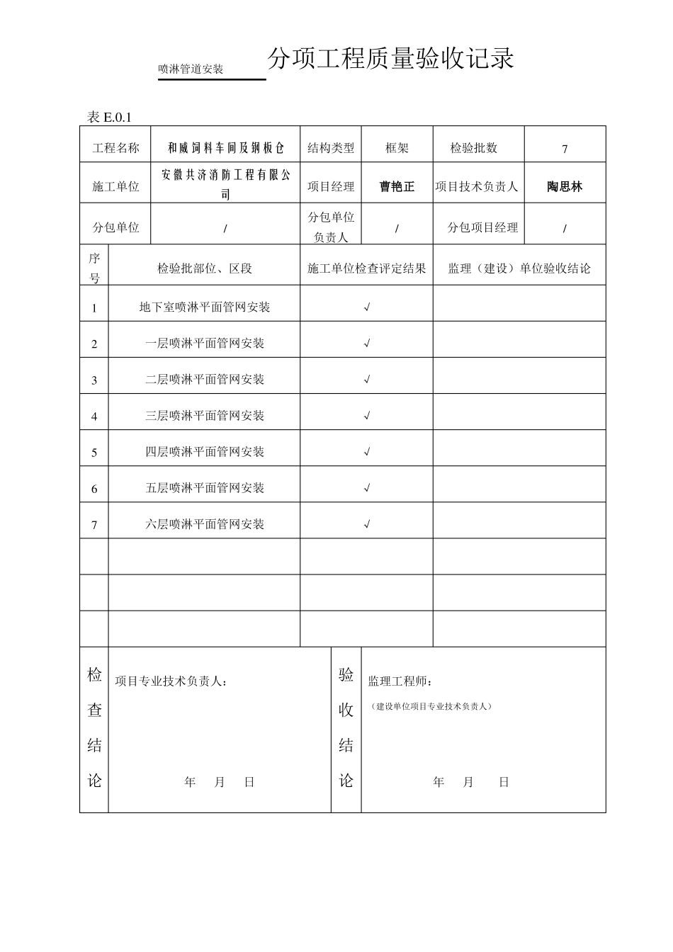 喷淋工程管道安装检验批_第1页
