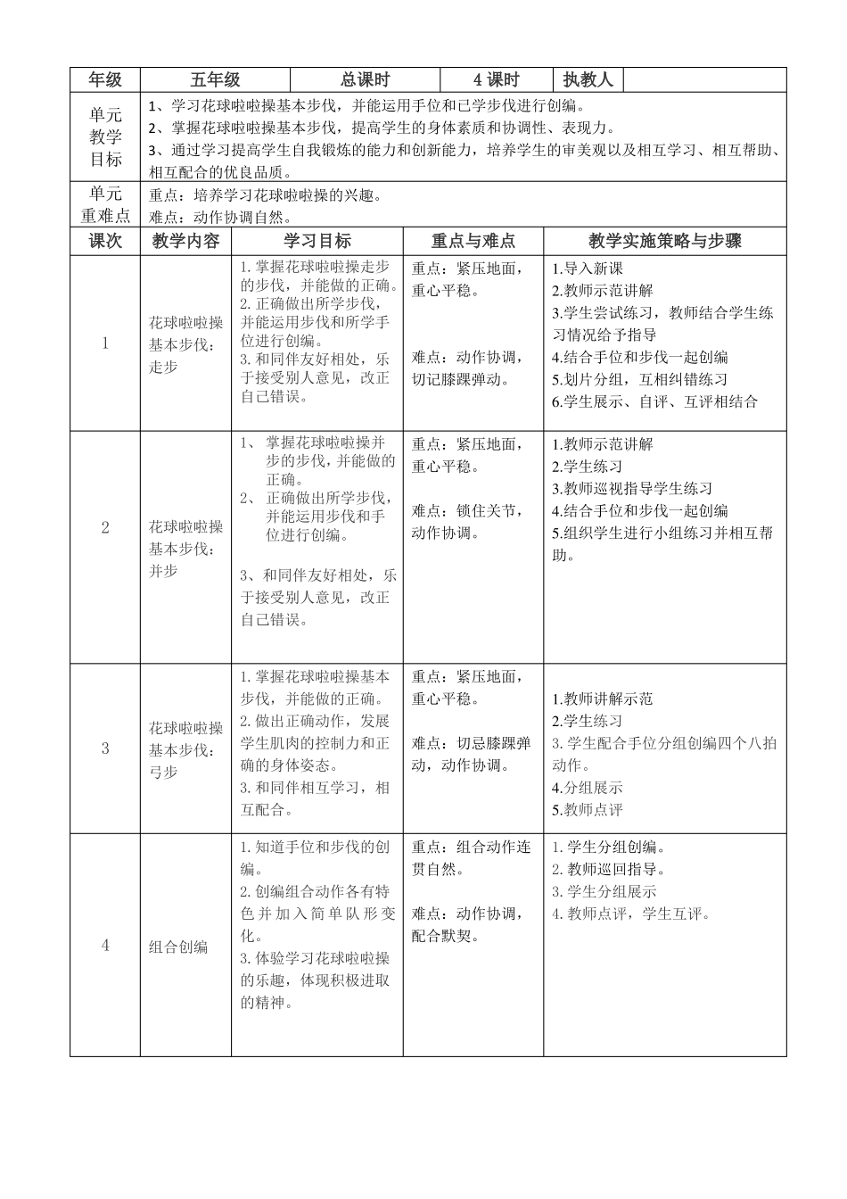 四年级体育教案花球啦啦操—基本步伐通用版_第2页