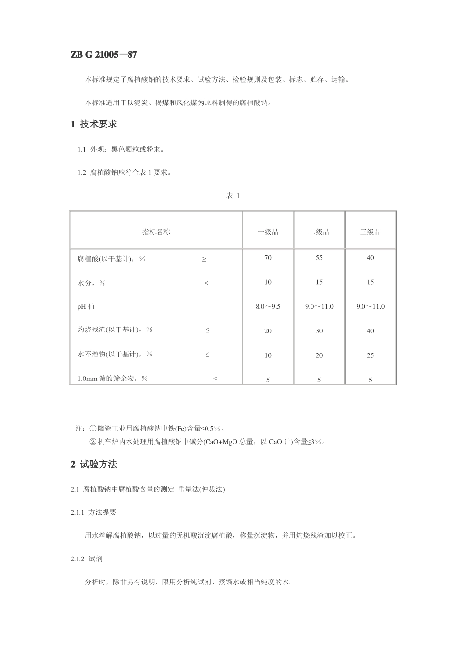 国标腐殖酸钠标准及测定方法_第1页