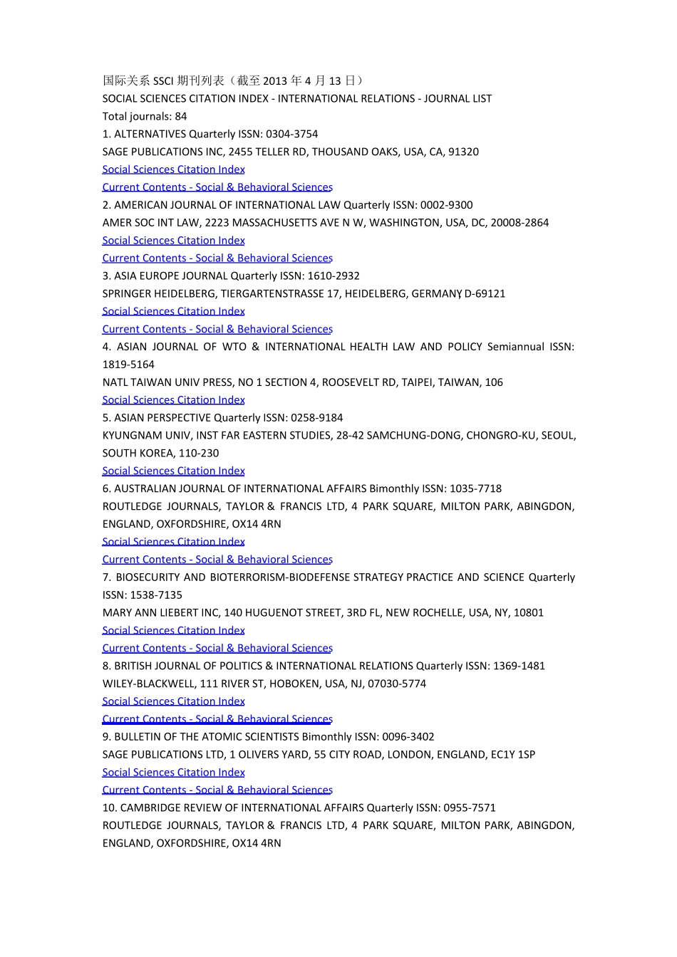 国际关系类SSCI期刊列表_第1页