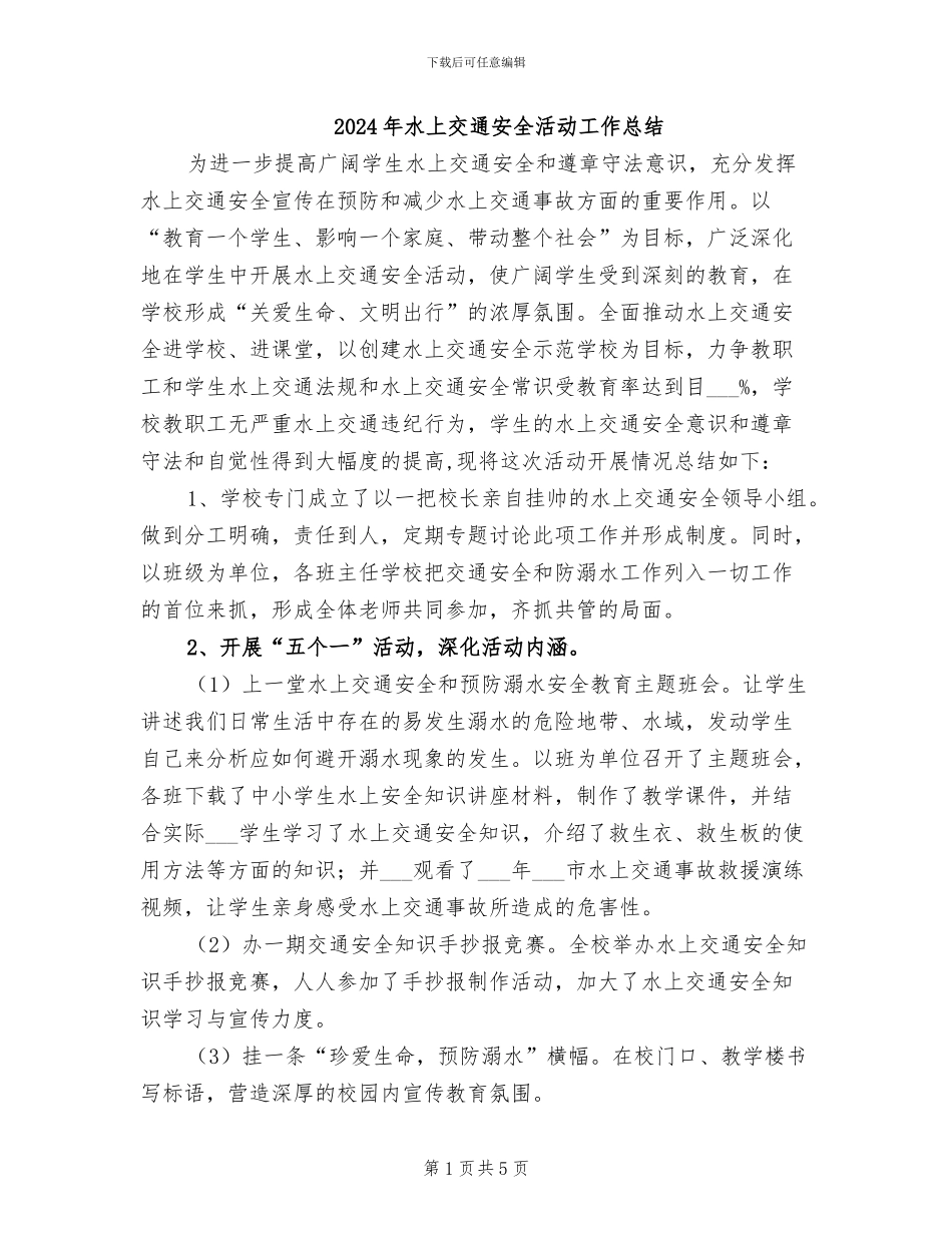 2024年水上交通安全活动工作总结_第1页