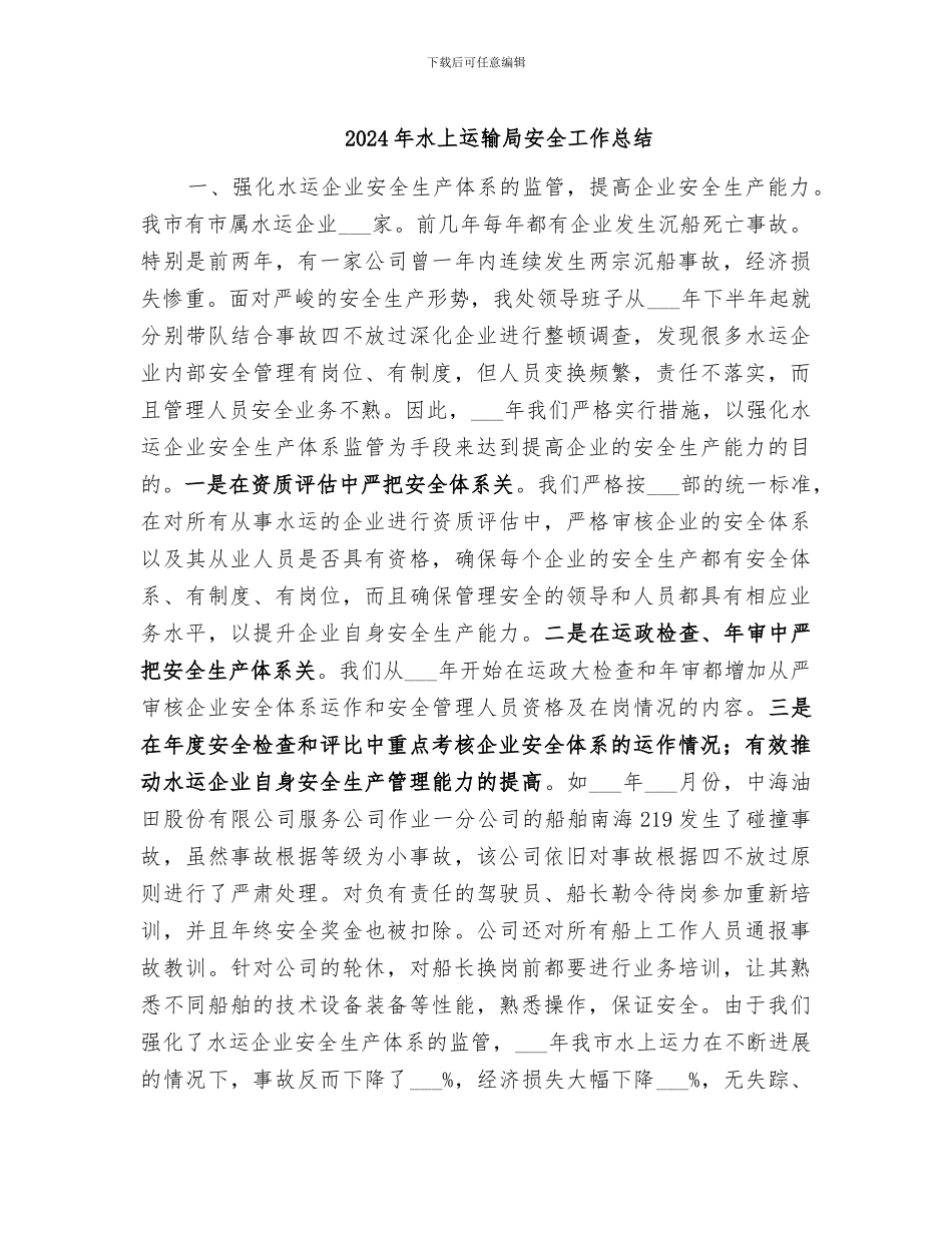 2024年水上运输局安全工作总结_第1页