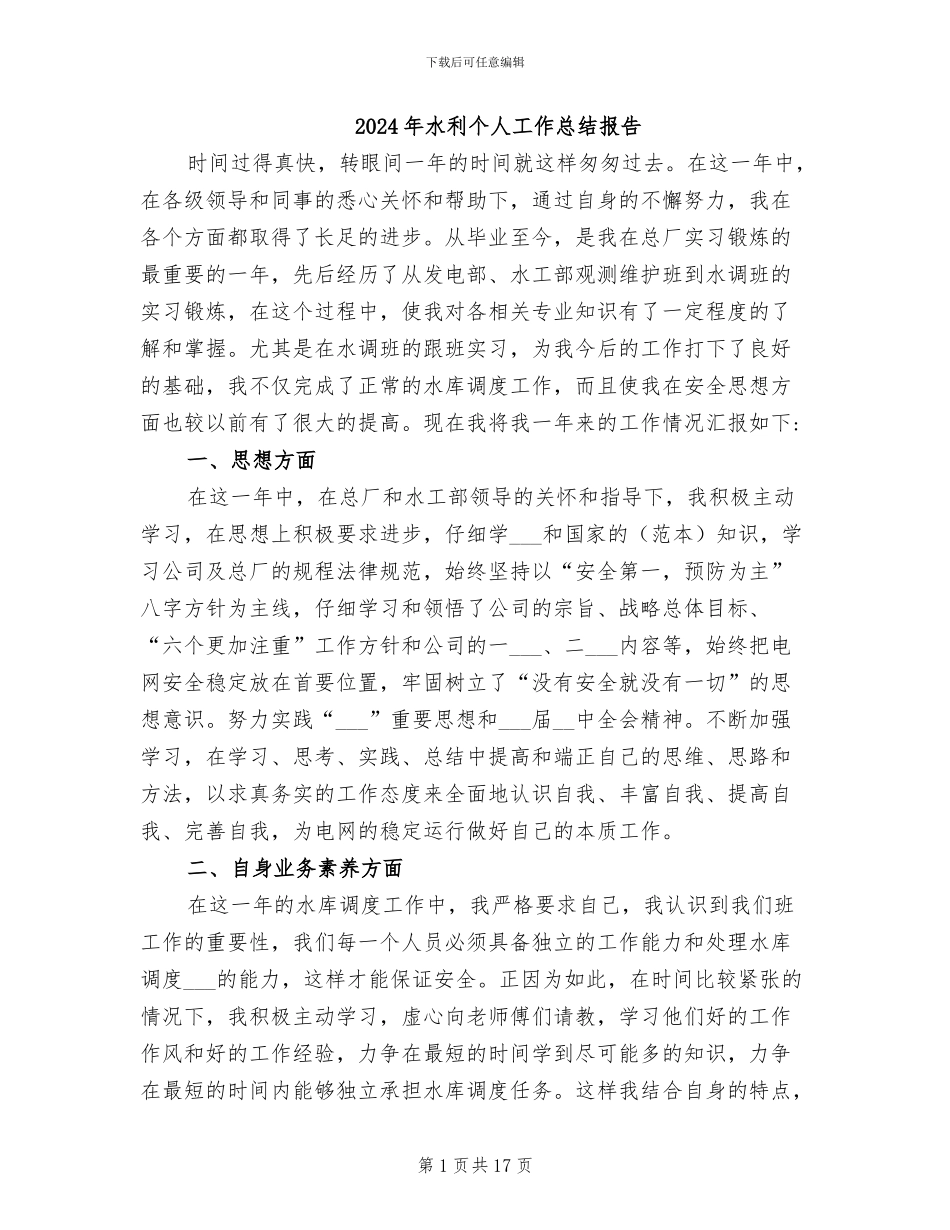 2024年水利个人工作总结报告_第1页