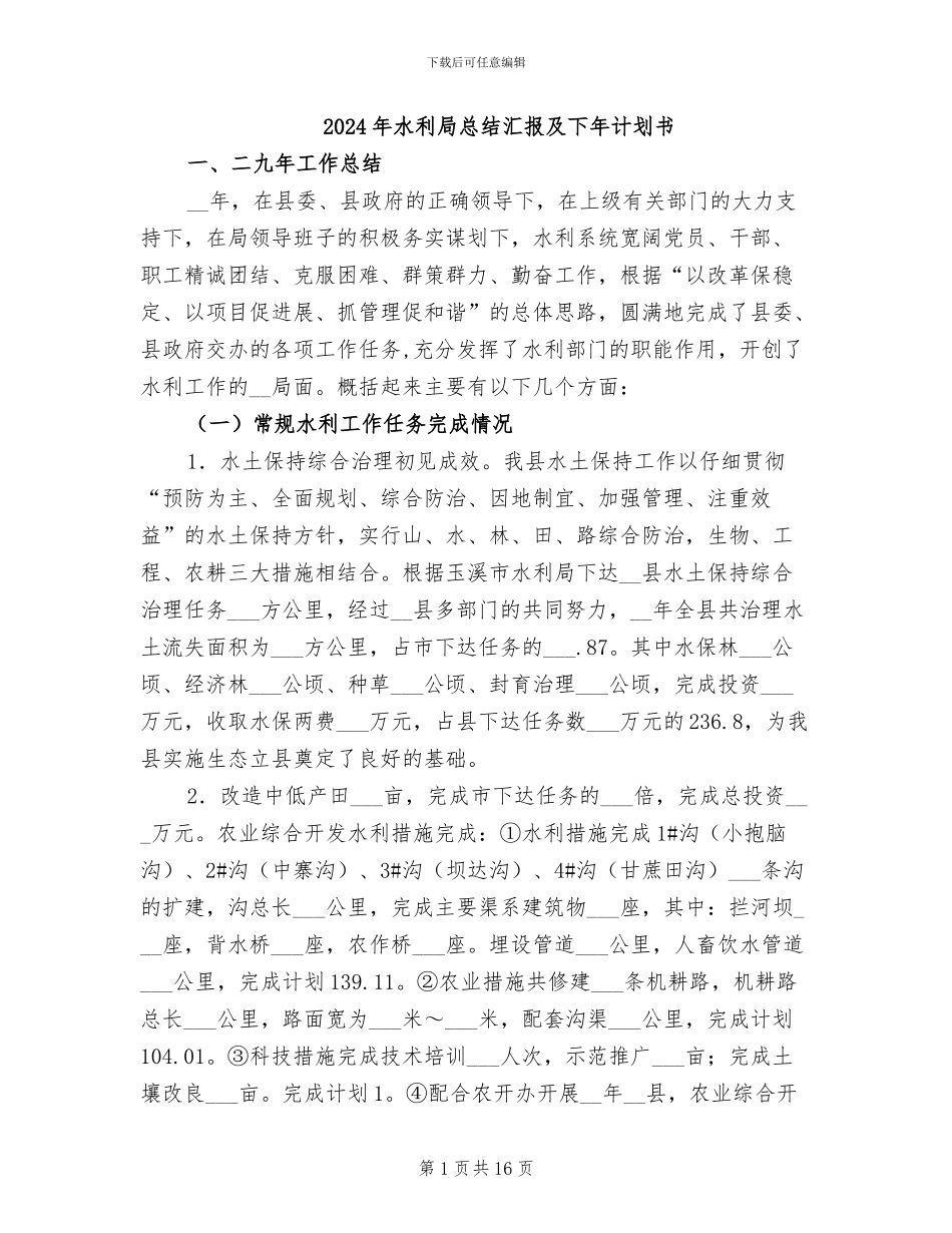 2024年水利局总结汇报及下年计划书_第1页