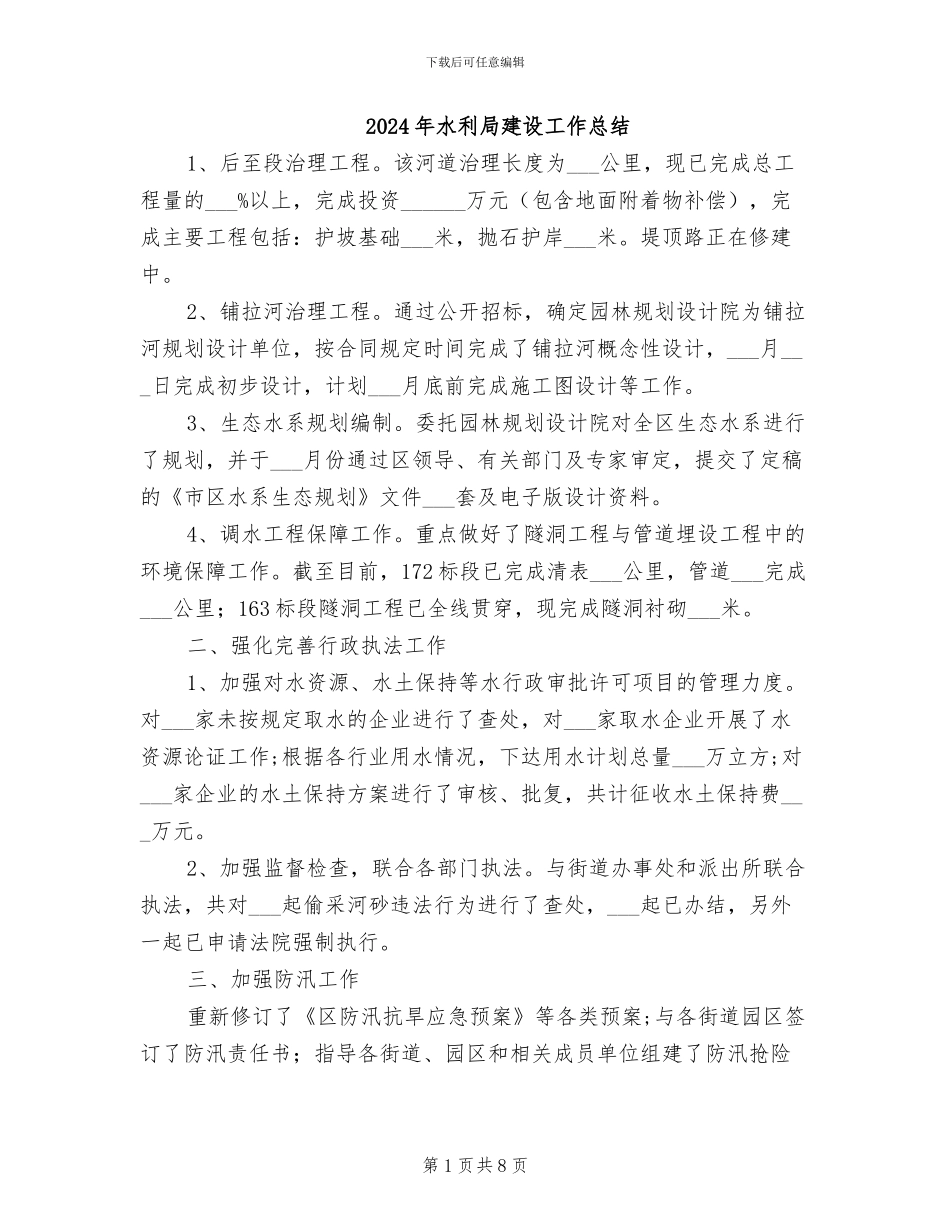 2024年水利局建设工作总结_第1页