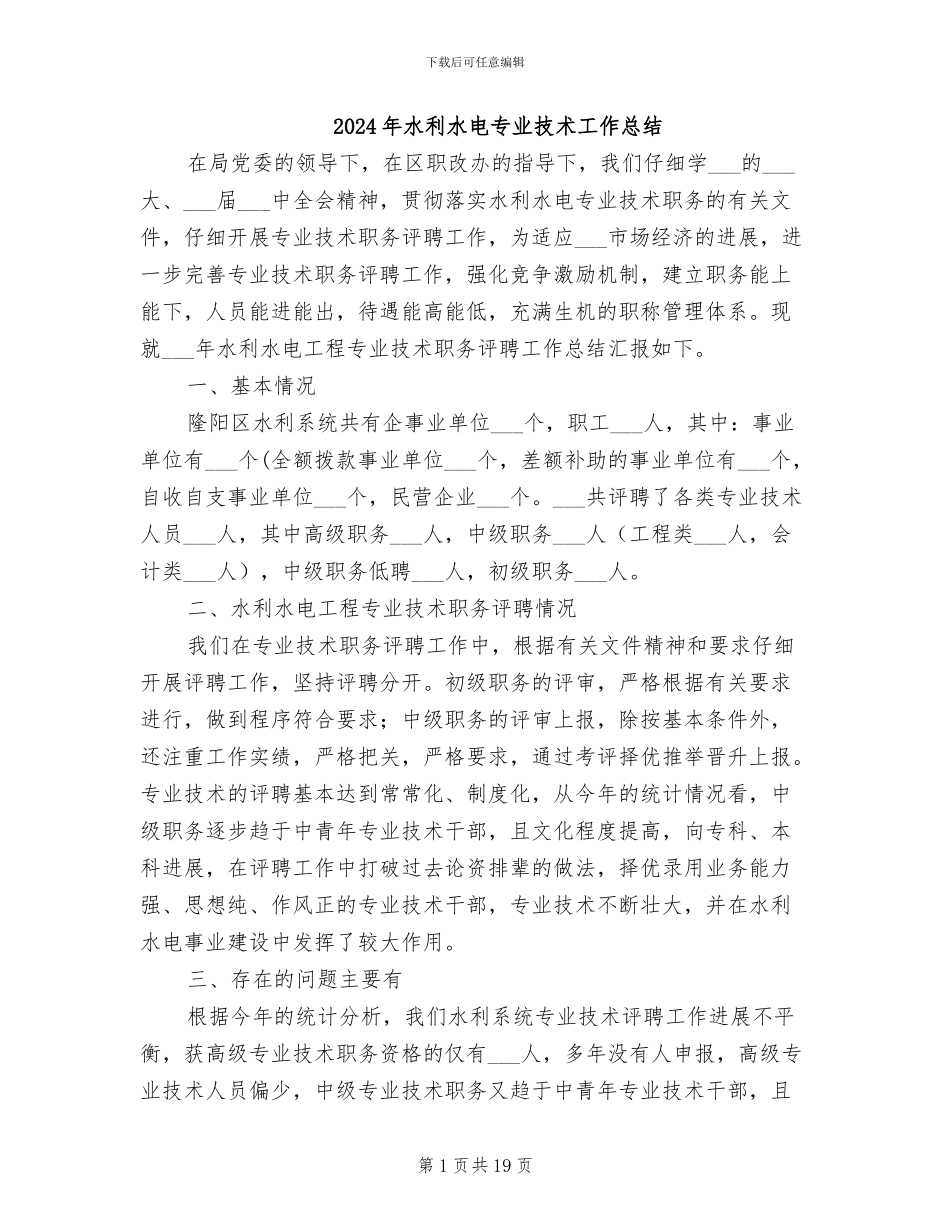 2024年水利水电专业技术工作总结_第1页