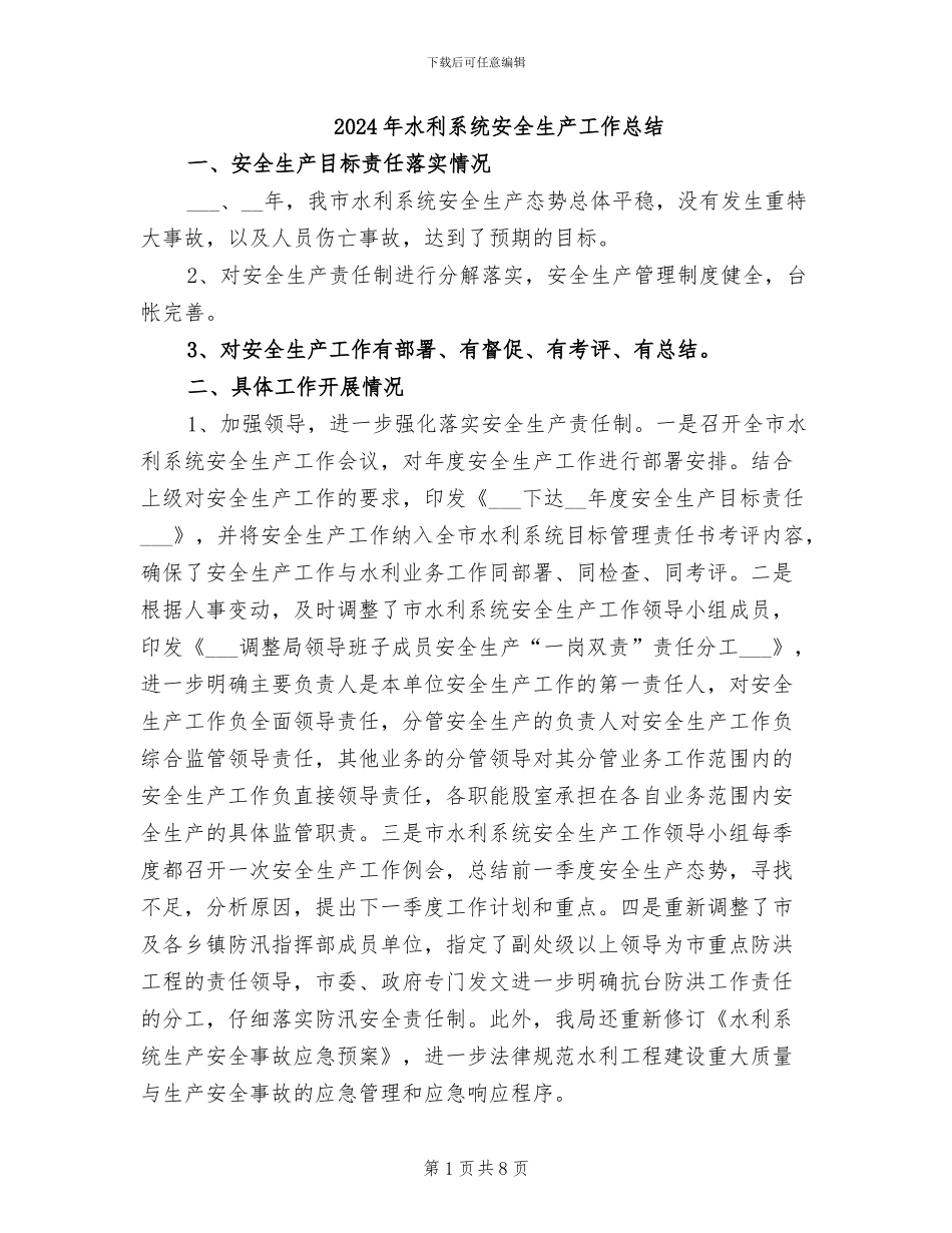 2024年水利系统安全生产工作总结_第1页