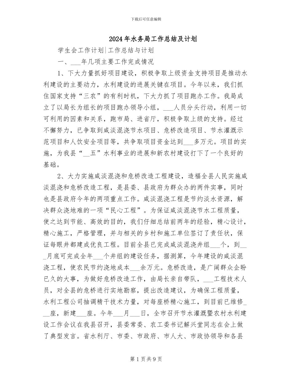 2024年水务局工作总结及计划_第1页