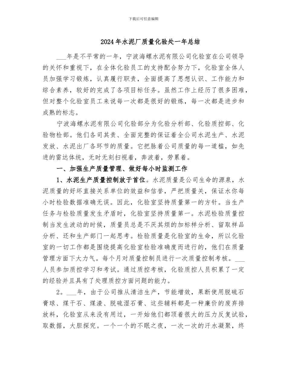 2024年水泥厂质量化验处一年总结_第1页