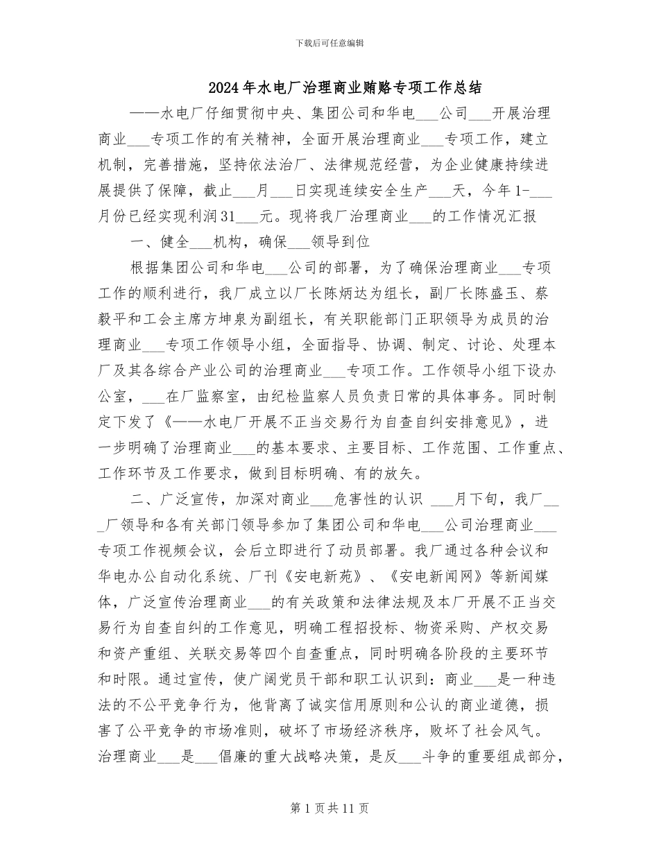 2024年水电厂治理商业贿赂专项工作总结_第1页